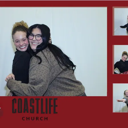 Friends hugging at a Tampa Bay church event mirror photo booth