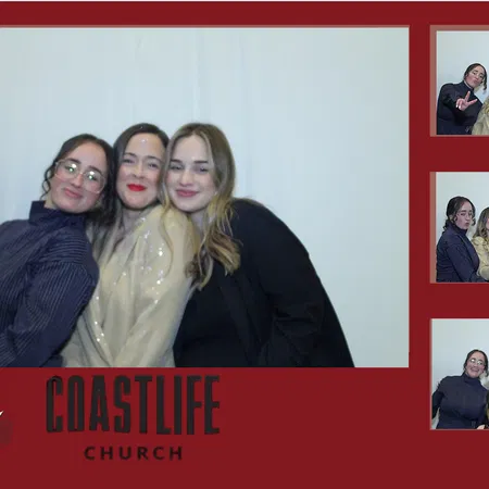 Friends posing at a Tampa Bay church event with the H&L mirror photo booth
