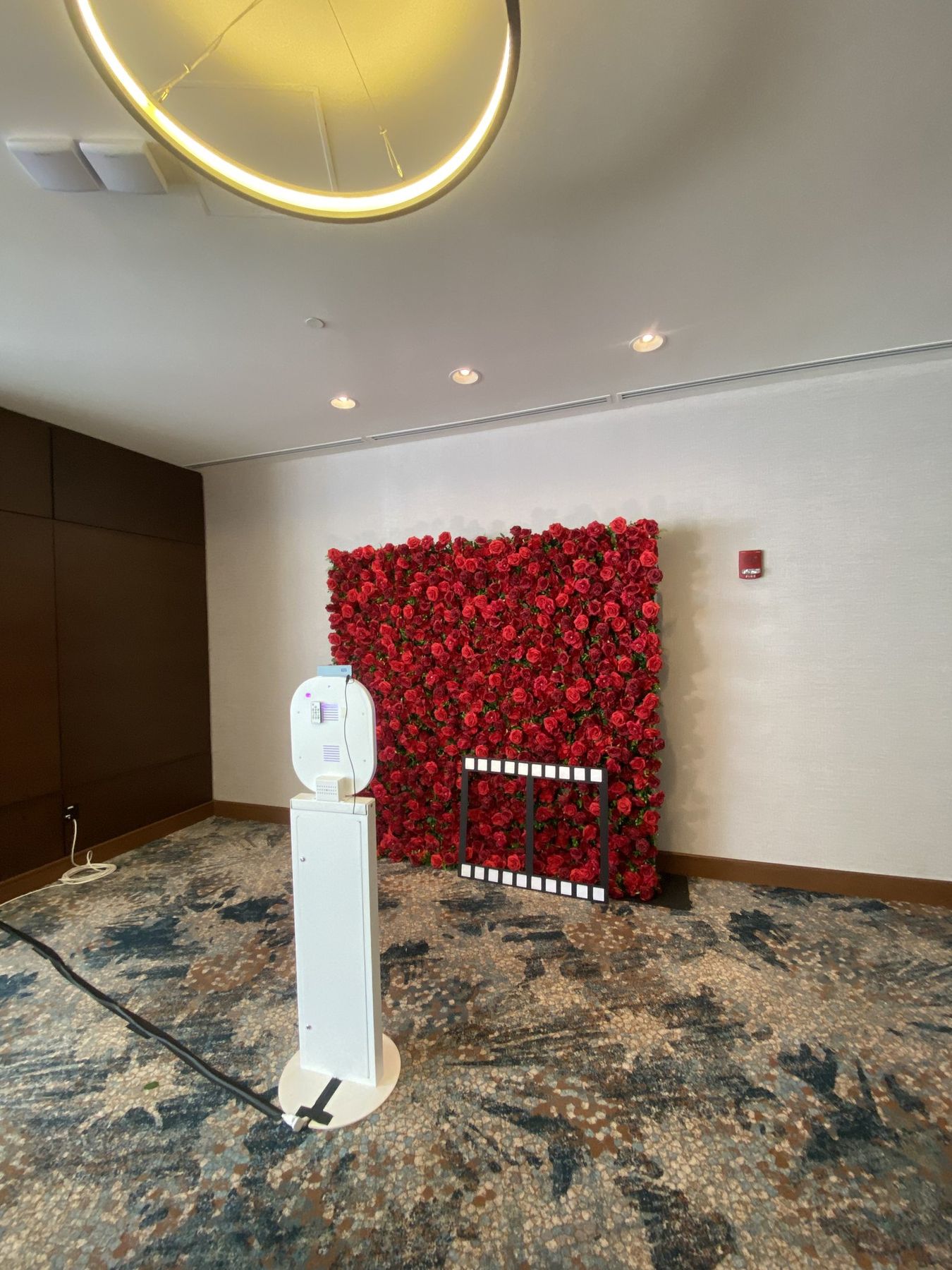 Amor Red flower wall, the full panel in frame, at a Tampa event