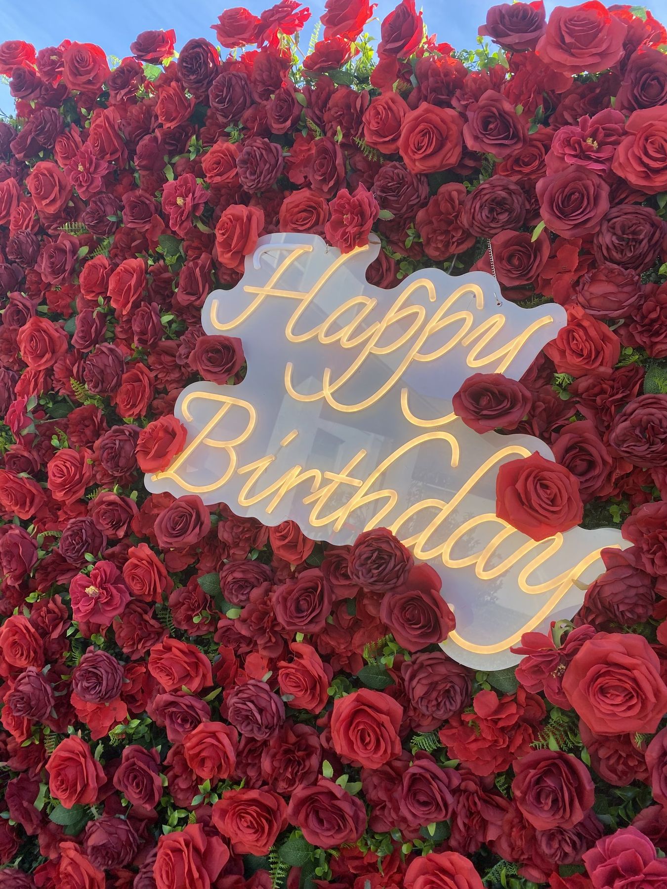 Happy Birthday LED sign on the Amor Red rose flower wall in Tampa